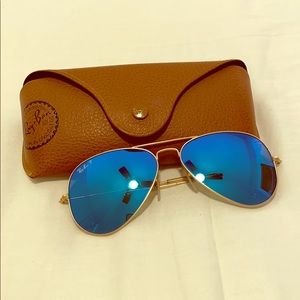 Ray Ban Blue Lens Gold Mirrored Aviator Sunglasses